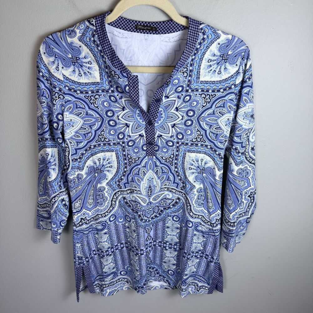 J. McLaughlin Shirt Tunic Top Women Size Small Catalina Cloth Blue Paisley